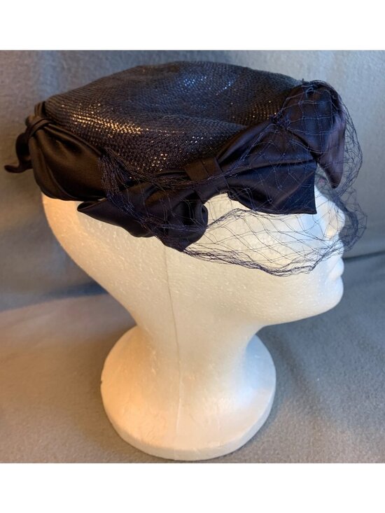 Vintage Phyllis Navy Bow Veil Hat Womens Size 22 Classic 1950s Netting & Shine E main image 5
